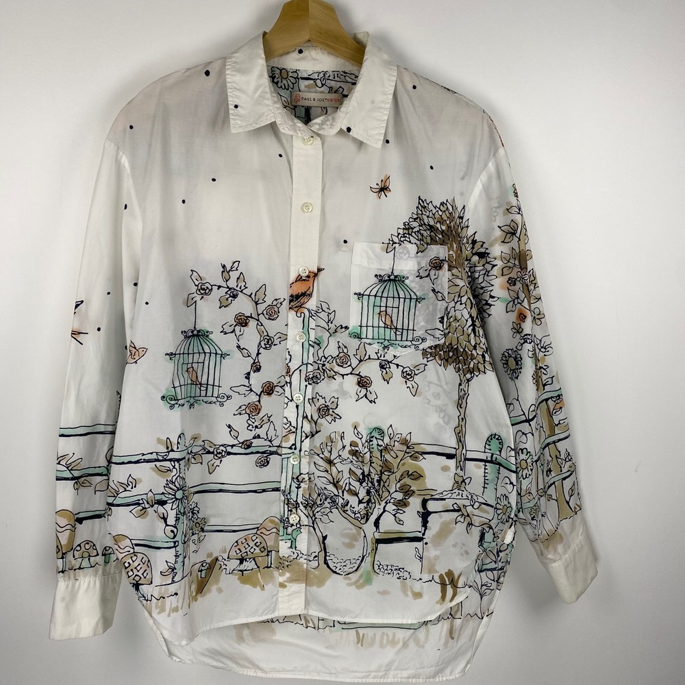 Paul & Joe Sister Button Down Womens L White Garden Birdcage Print Artsy Blouse